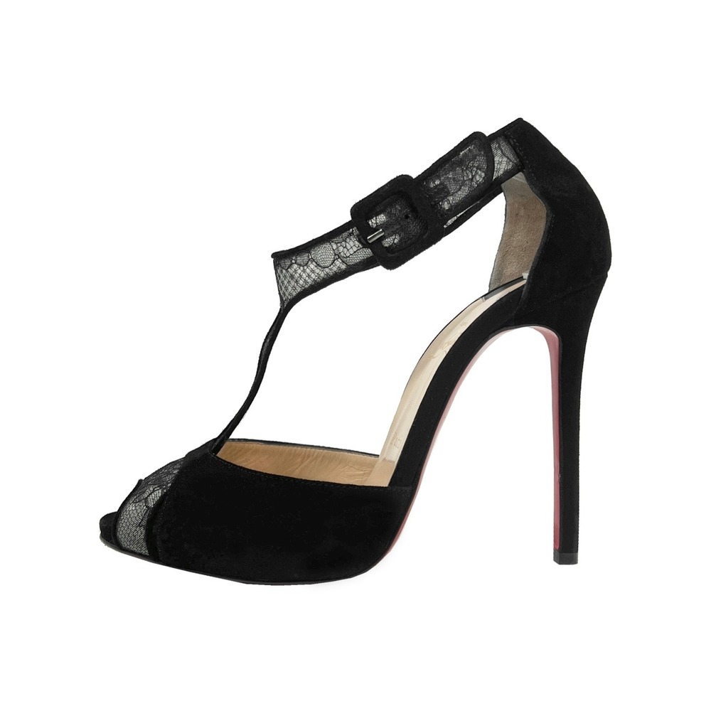 Christian Louboutin Voile 120 Black Lace Peep Toe Heels Pumps 39‎